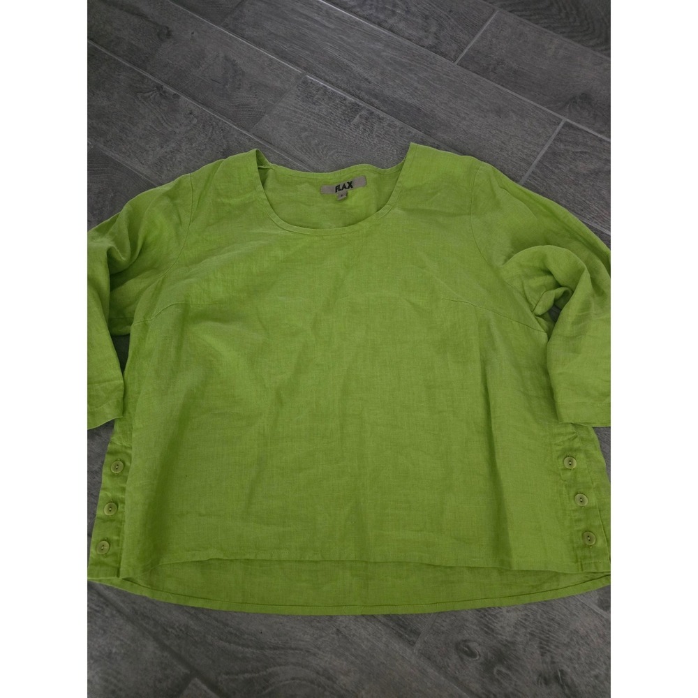 FLAX Womens Green 100% Linen Boxy Top 3/4 Sleeve Side Button Tunic Size Large